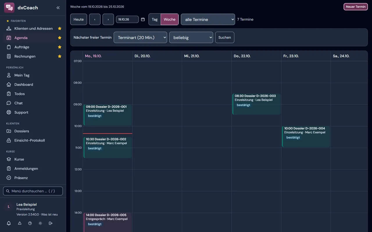 Agenda von dxCoach mit Sitzungen und Lektionen der Woche