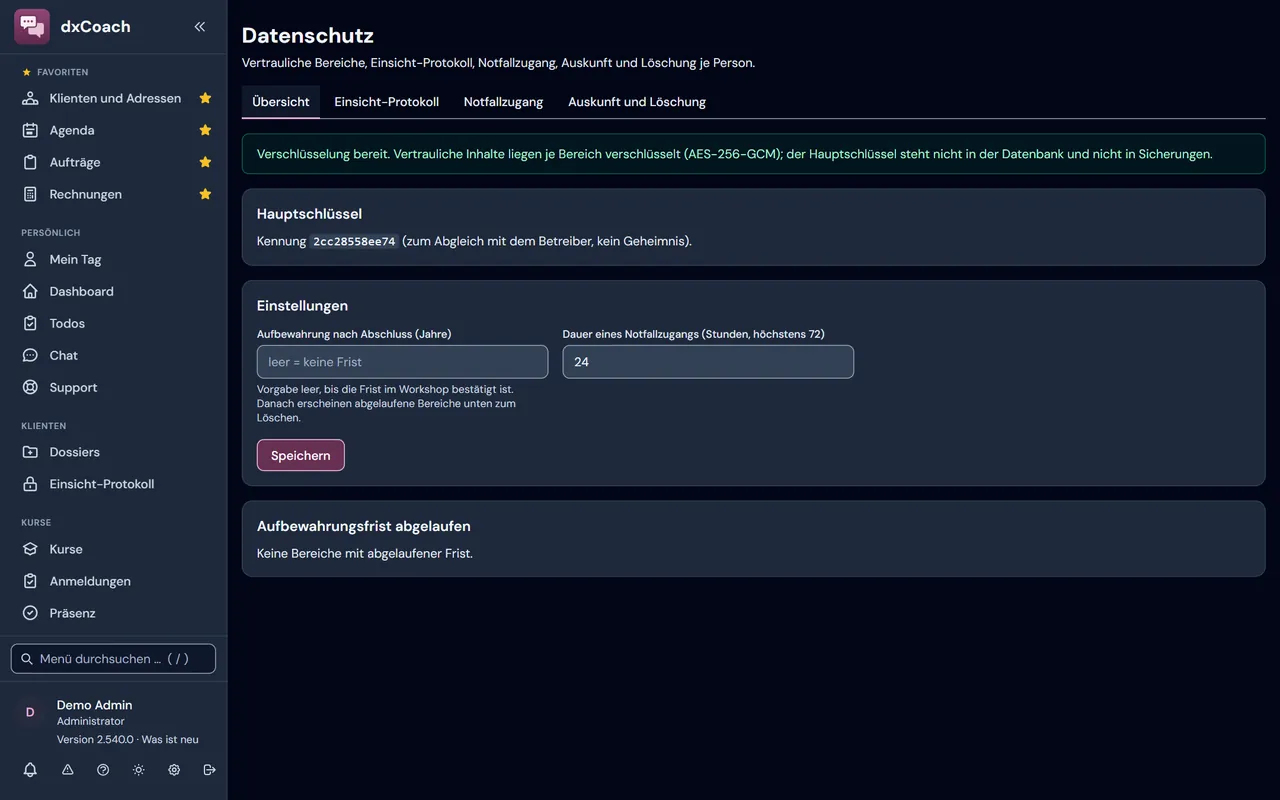 Datenschutz in dxCoach: Verschlüsselung je Bereich, Aufbewahrung und Notfallzugang