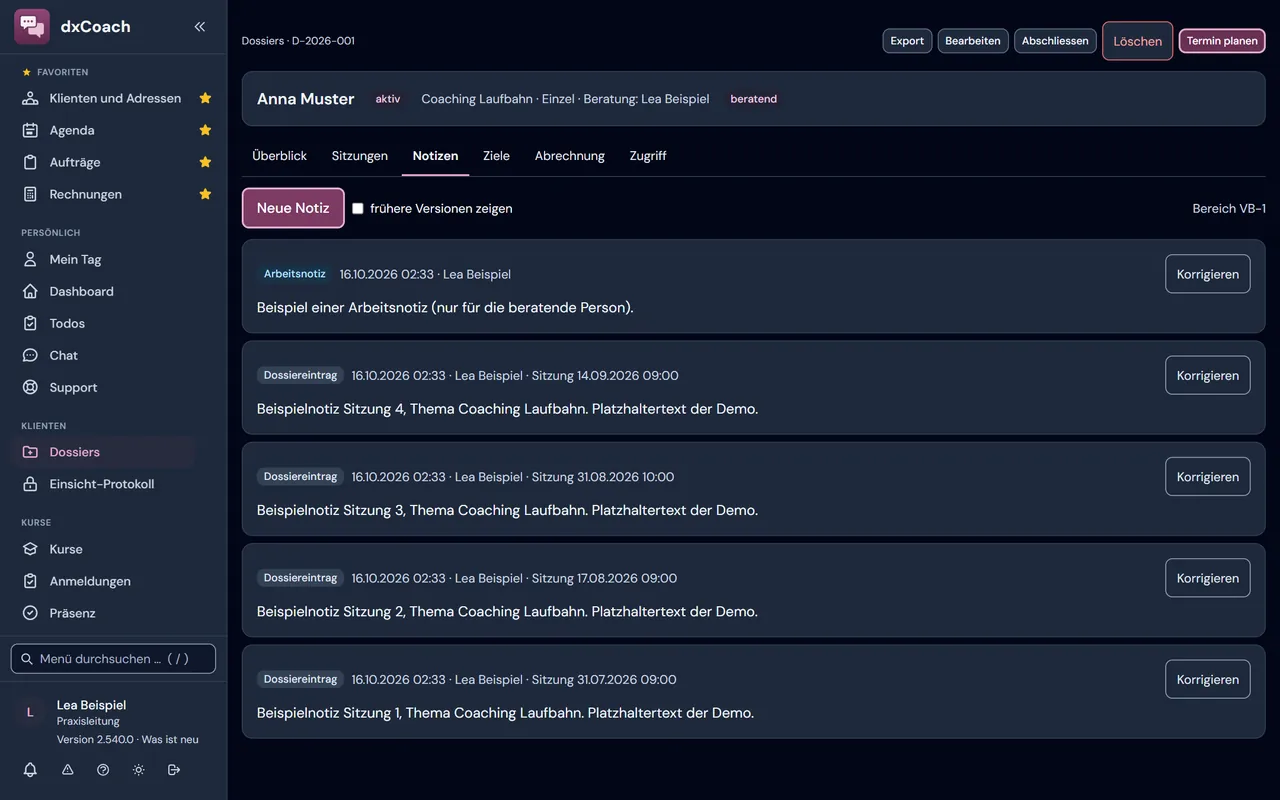 Klientendossier in dxCoach: verschlüsselte Notizen je Sitzung, Platzhaltertext der Demo