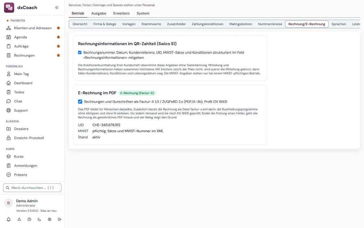 Einstellungen der E-Rechnung in dxCoach: QR-Rechnung mit Swico-Zeile und ZUGFeRD/Factur-X