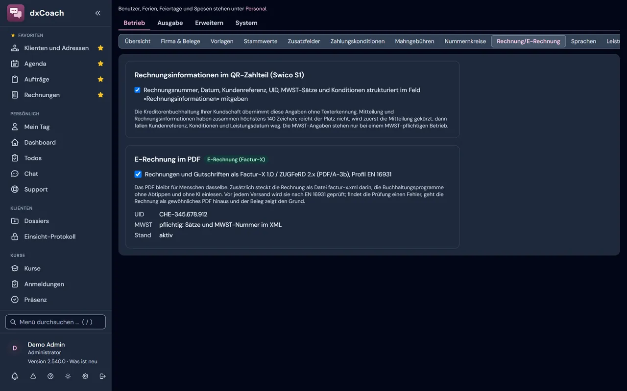 Einstellungen der E-Rechnung in dxCoach: QR-Rechnung mit Swico-Zeile und ZUGFeRD/Factur-X
