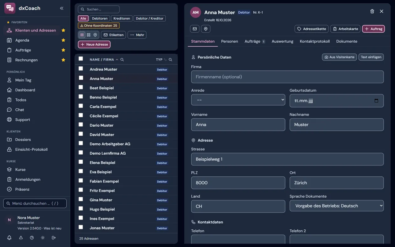 Klienten in dxCoach: Adresse mit Erfassung aus der Visitenkarte