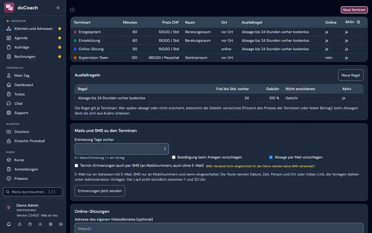 Terminarten in dxCoach: Dauer, Preis, Raum und Ausfallregel, dazu Erinnerung per Mail oder SMS